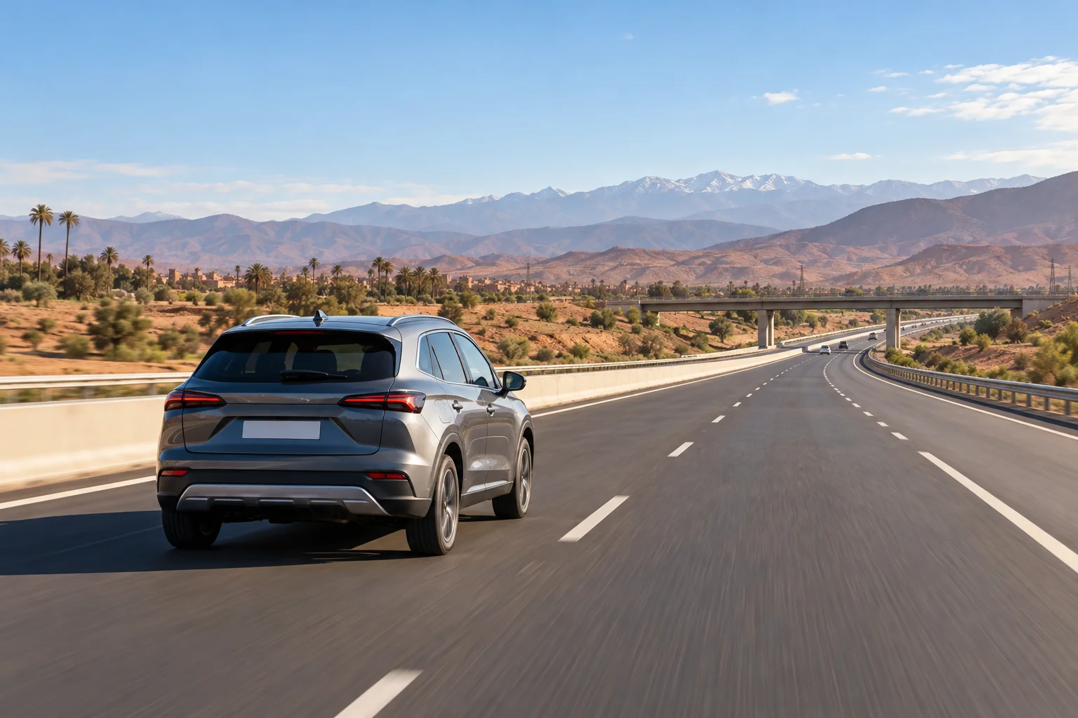 Rental car travelling on the motorway north of Marrakech toward Rabat and northern Morocco. drive or train marrakech