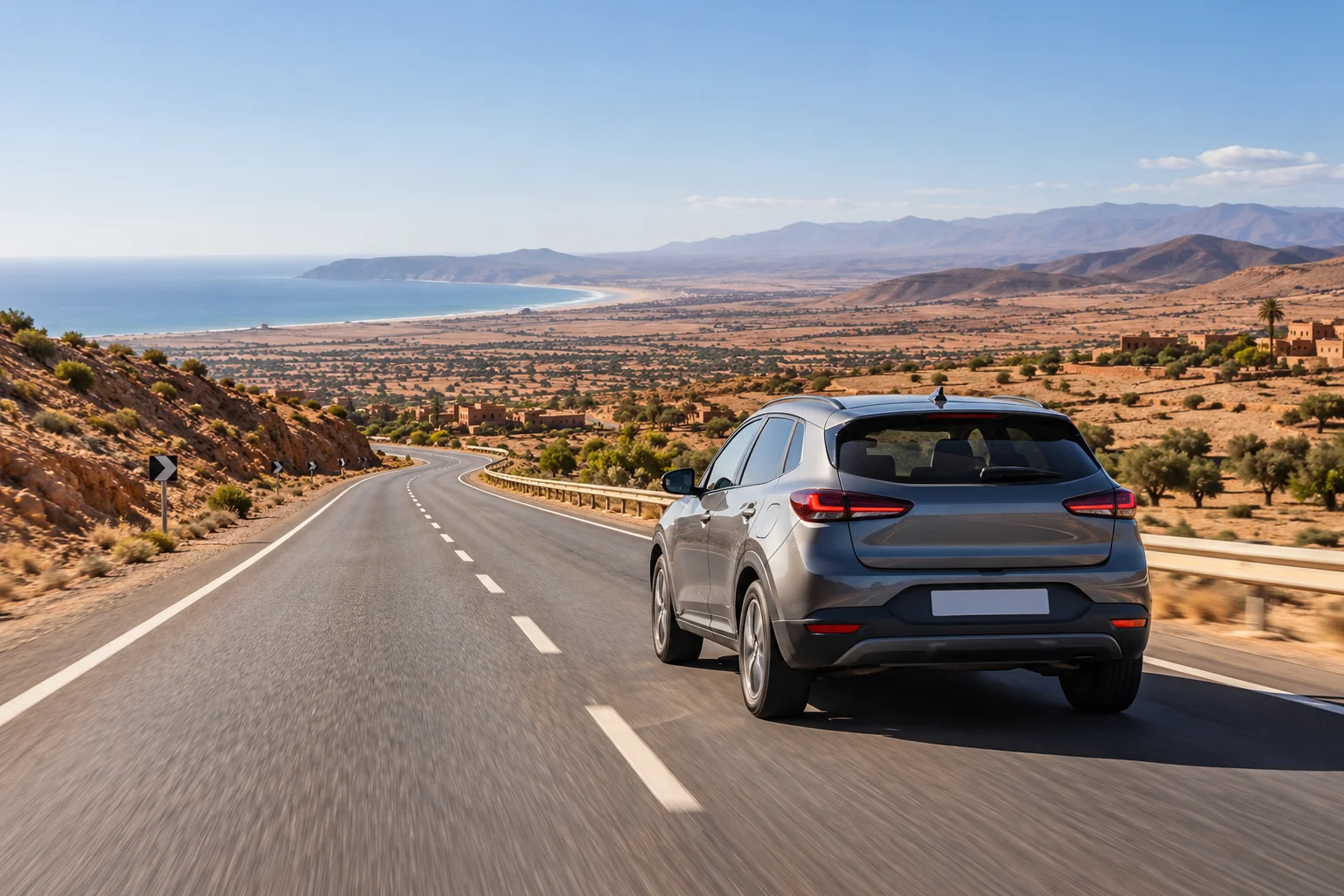 Rental car on an open road during a self-drive trip from Marrakech. supratours marrakech