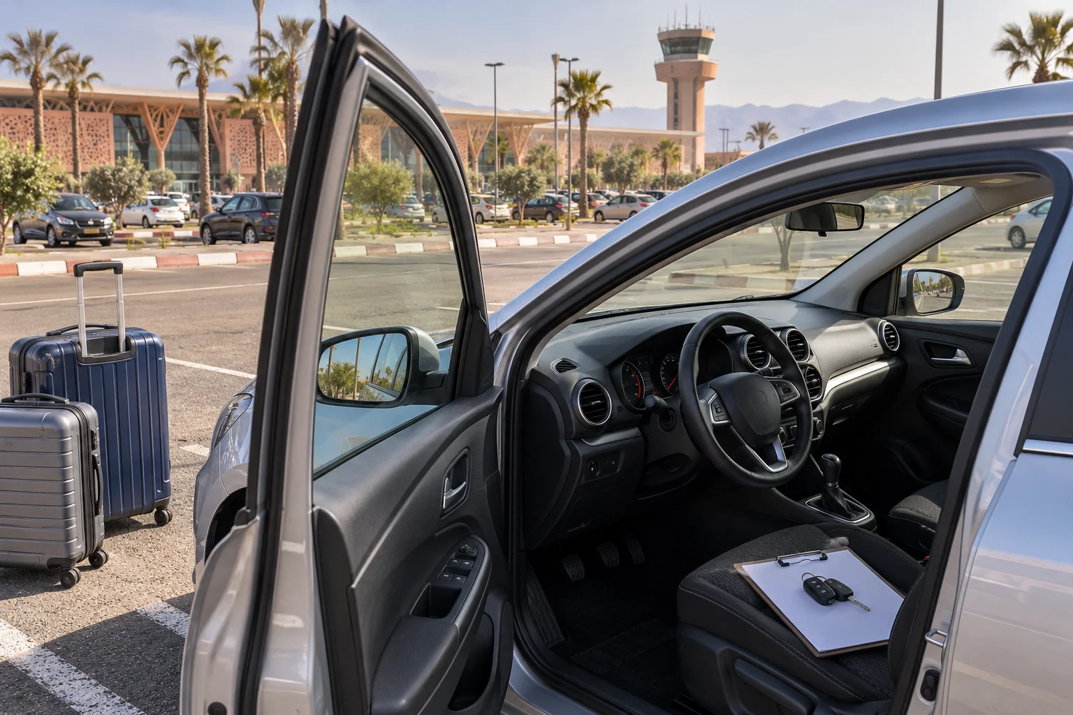 Inspección de coche de alquiler y entrega de equipaje en el Aeropuerto de Marrakech. Aparcamiento aeropuerto Marrakech