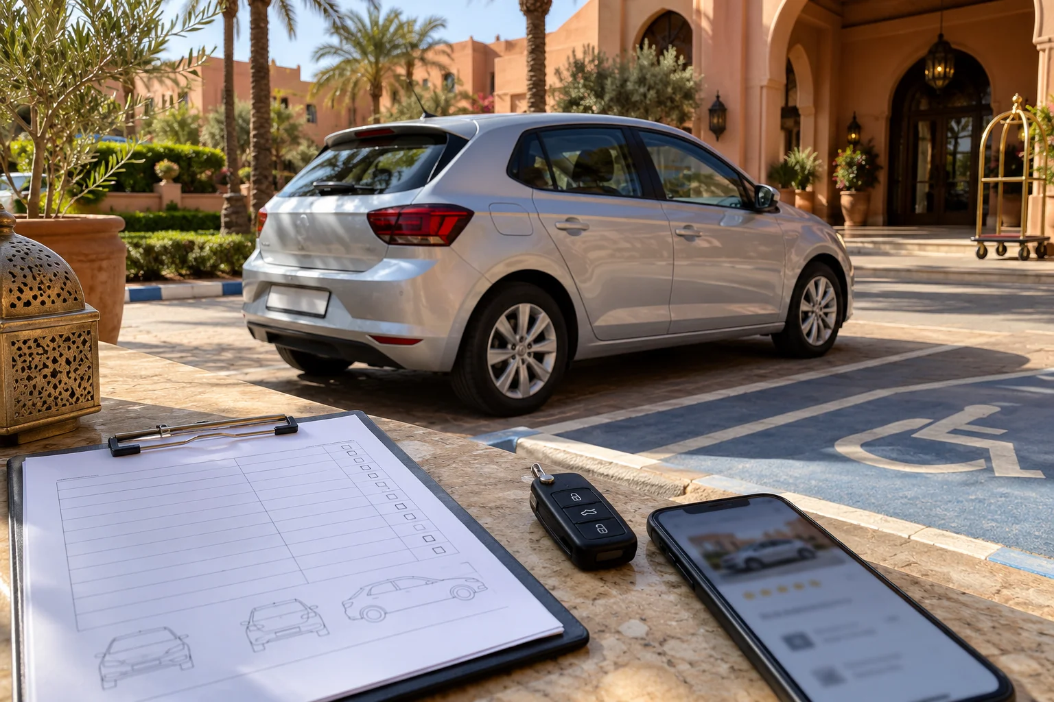 Vehicle inspection checklist and rental car keys beside a parked car in Marrakech. best car rental marrakech